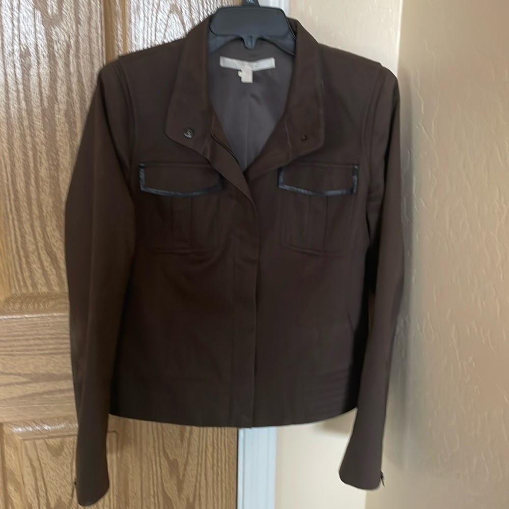 Nordstrom Vintage Collection brown fabric with black leather trim jacket